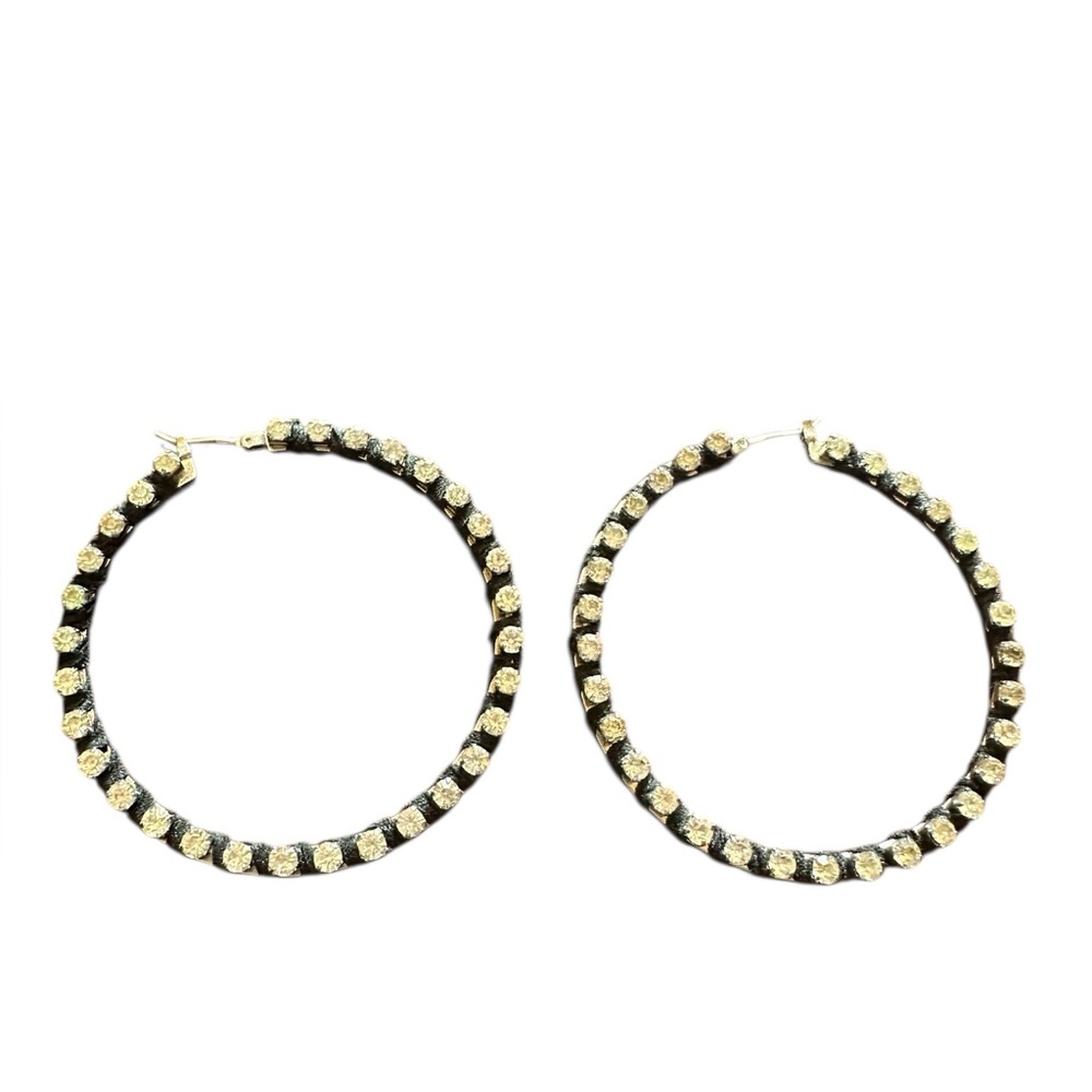 Punk Style Black and Silver with Rhinestone Accent Large Hoop Earrings